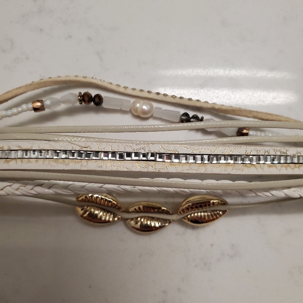 White Leather Gold Seashell Wrap Bracelet Preppy Boho Bride Nautical Party Glam - Picture 8 of 9